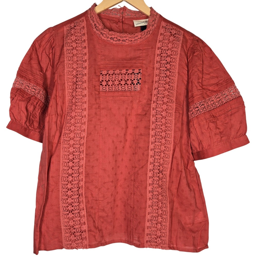 Universal Thread Womens XL Pink Eyelet‎ Lace Trim Puff Short Sleeve Top Blouse